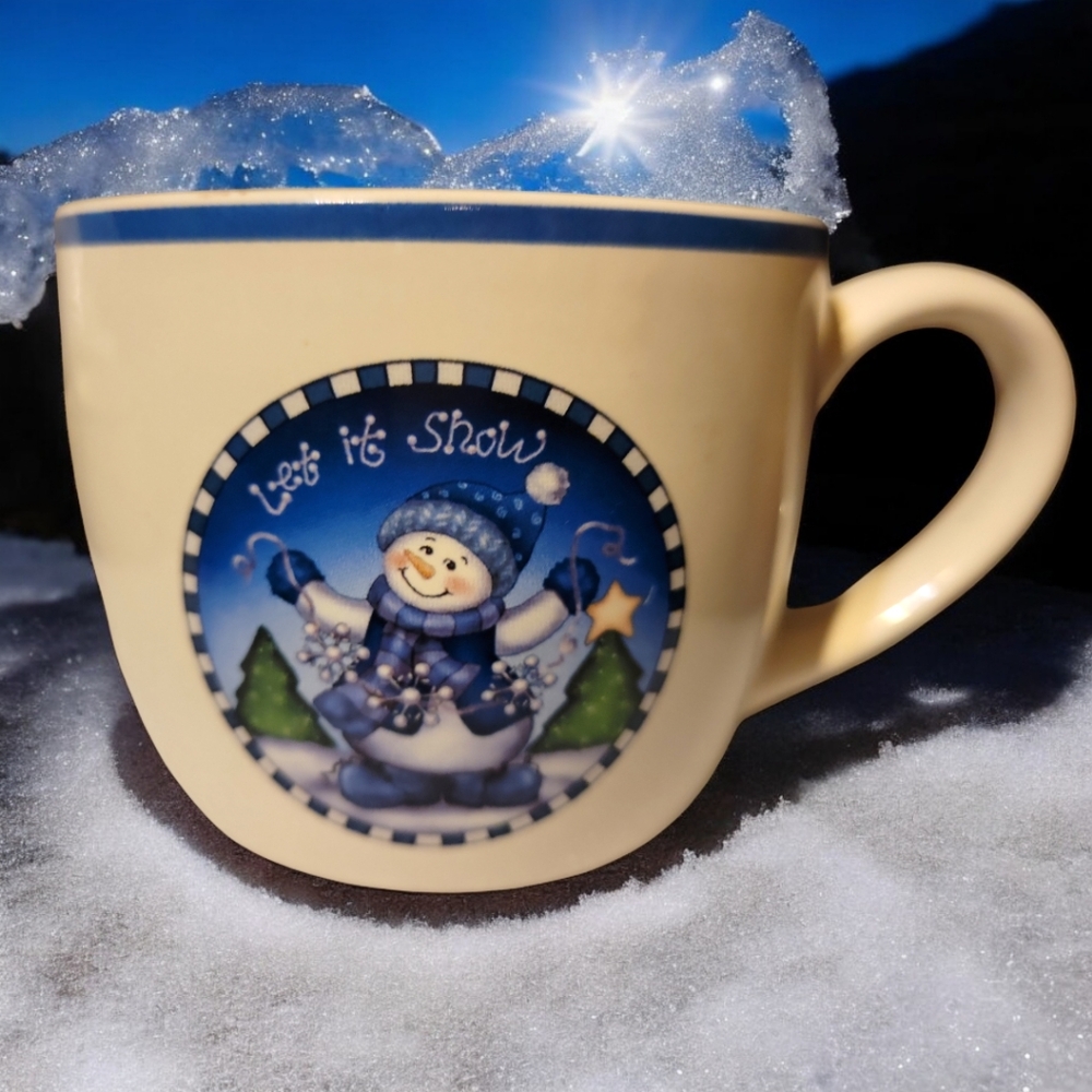 Vtg Happy Let it Snow Snowman Logo Christmas Winter Coffee Tea Mug Cup, 6 oz